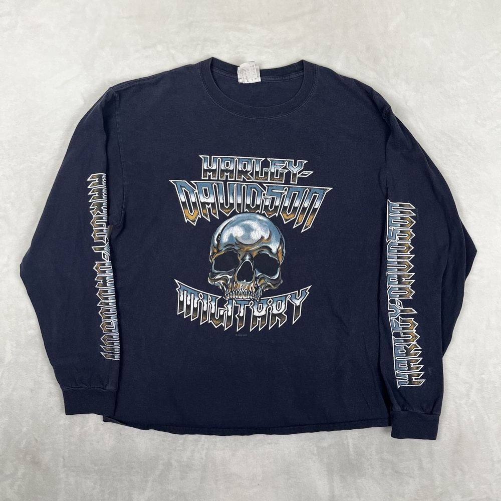Harley-Davidson Long Sleeve Shirt Mens L Chrome Skull Military Camp Leatherneck